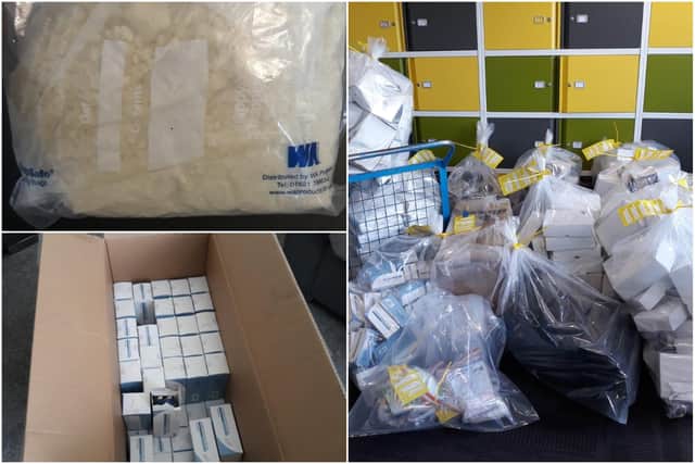 Thousands of pounds worth of illegal drugs and suspected counterfeit sunglasses have been taken off the streets during a police raid. 
Images by Northumbria Police.