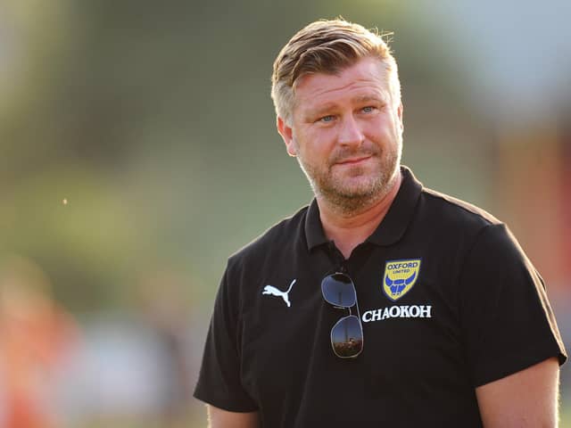 BANBURY, ENGLAND - JULY 21: Karl Robinson, Manager of Oxford United looks on prior to the Pre-Season Friendly match between Banbury United and Oxford United at The Banbury Plant Hire Community Stadium on July 21, 2021 in Banbury, England. (Photo by Alex Burstow/Getty Images)