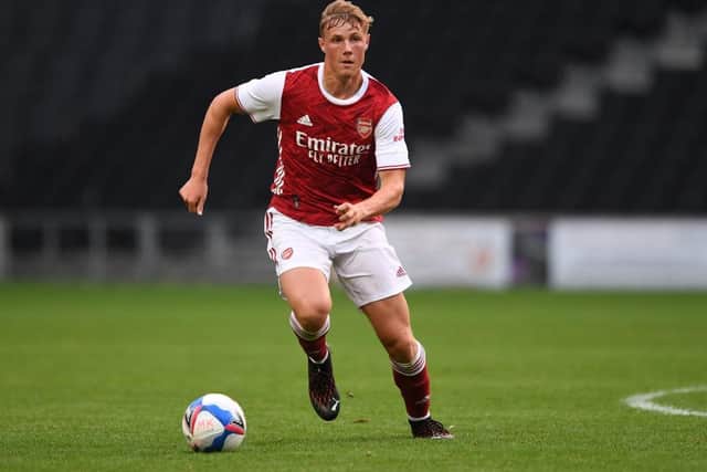 Daniel Ballard playing for Arsenal during a pre-season friendly match against MK Dons. (Photo by David Price/Arsenal FC via Getty Images)