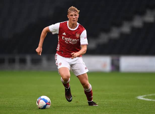 Daniel Ballard playing for Arsenal during a pre-season friendly match against MK Dons. (Photo by David Price/Arsenal FC via Getty Images)