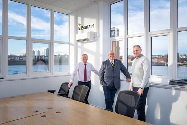 (from left) Port manager Matthew Hunt, city council leader Coun Graeme Miller and Richard Cawthorne, Senior Project manager at Boskalis