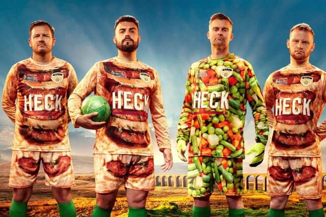 Bedale AFC's "Road in the Goal" kit with goalkeeper dressed as a side of mixed veg. Picture by Gary Morrisroe.