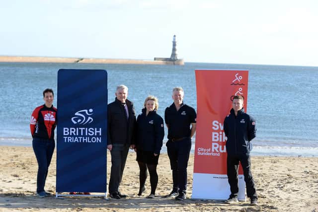 The launch of the events earlier this year. From left, Sun City Triathlon Vicky Cuthbertson, Sunderland City Council Chief Executive Patrick Melia, British Triathlon Director of Development Helen Marney, British Triathlon Director of Events Jonny Hamp and paratriathlete Michael Salisbury.