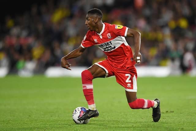 WATFORD, ENGLAND - AUGUST 30: Isaiah Jones of Middlesbrough runs with the ball during the Sky Bet Championship match between Watford and Middlesbrough at Vicarage Road on August 30, 2022 in Watford, England. (Photo by Alex Burstow/Getty Images)