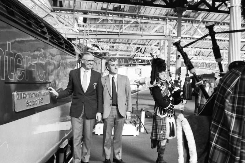 Former Edinburgh Lord Provost Kenneth Borthwick (left) and Scotrail's Chris Green with the newly-named Inter-City 125 train - "XIII Commonwealth Games Scotland 1986" - at Waverley station.