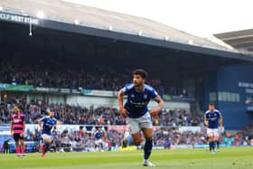 IPSWICH, ENGLAND - OCTOBER 09: Macauley Bonne of Ipswich Town celebrates scoring his team's second goal during the Sky Bet League One match between Ipswich Town and Shrewsbury Town at Portman Road on October 09, 2021 in Ipswich, England. (Photo by Ashley Allen/Getty Images)