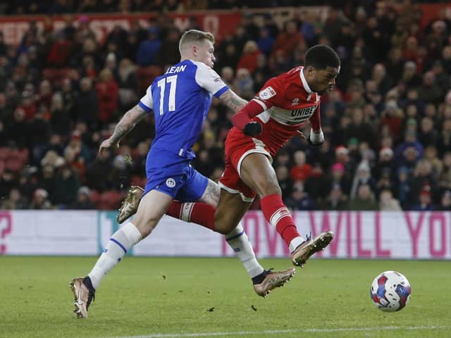 Middlesbrough's Chuba Akpom scores their sides fourth goal during the Sky Bet Championship match at the Riverside Stadium.