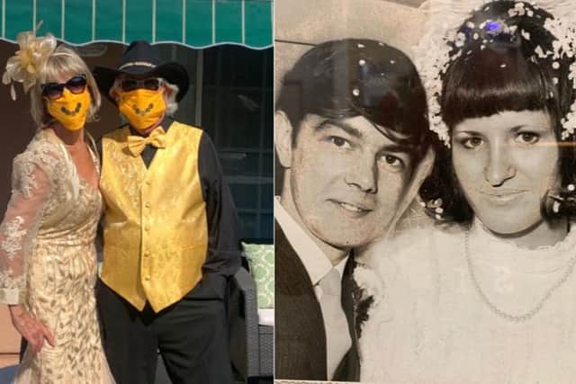 Anne and Norman dress up to celebrate their anniversary in California, left, and on their wedding day in 1970.