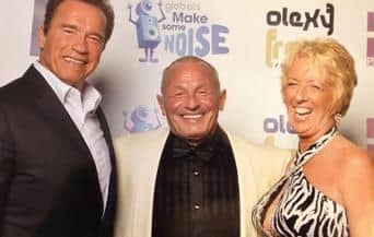 Arnold Schwarzenegger, John Citrone and John's wife Kim when the couple were in the audience for An Evening with Arnold Schwarzenegger in Leeds in 2014
