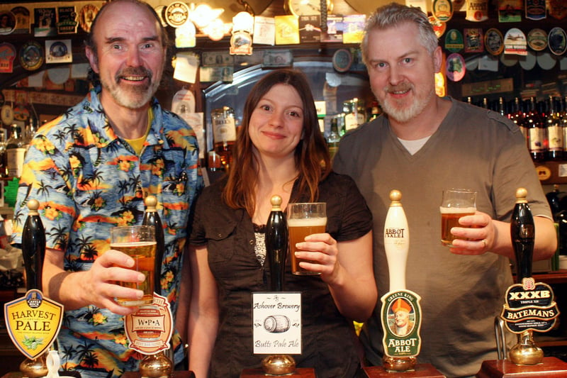 Brewers Roy and Janine Shorrock and landlord of the Old Poet's Corner, in Ashover, Kim Beresford.