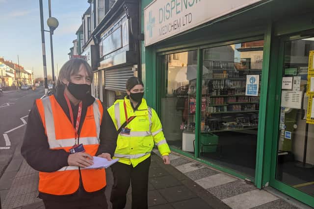 Sunderland City Council's Covid marshals pictured on Villette Road, Hendon, as they prepare to help shoppers stick to the coronavirus rules as the second national lockdown eases.
