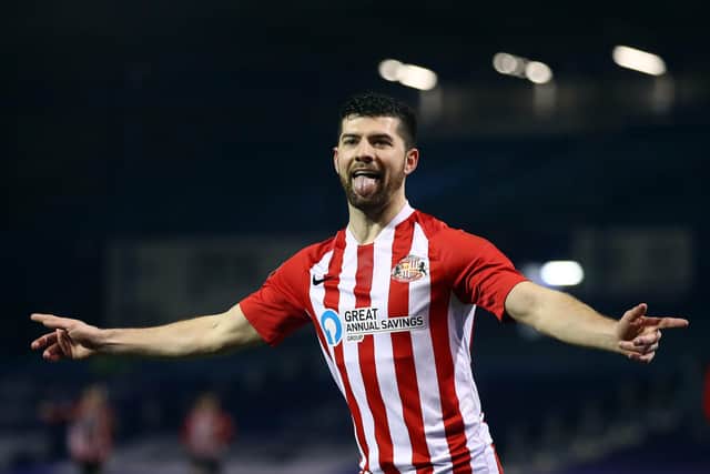 Jordan Jones of Sunderland celebrates scoring their second goal during the Sky Bet League One match between Portsmouth and Sunderland at Fratton Park on March 9, 2021.