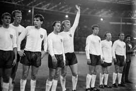 Members of the England football team. From left, Roger Hunt, Jack Charlton, Martin Peters, Ray Wilson, Bobby Moore, Geoff Hurst, Nobby Stiles and George Cohen during the World Cup semi-final against Portugal on July 26, 1966. Picture: Ronald Dumont/Express/Getty Images.