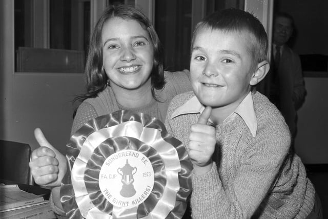 Two Sunderland children were at Wembley thanks to the generosity of a Weybridge man who saw them being interviewed on the BBC programme, "Sunderland's Pride and Passion" at St Patrick's R C School.   
Mark Middleton of High Garth, and Marie Brook, of Wear Garth had both said how disappointed they were at not getting tickets to see the match.  An Echo reporter called at their homes to tell them they had been offered tickets and their return fares to London by Mr Steven Matthews.