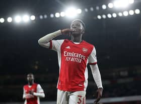 Arsenal striker Eddie Nketiah of Arsenal celebrates after scoring against Leeds United in the Carabao Cup.