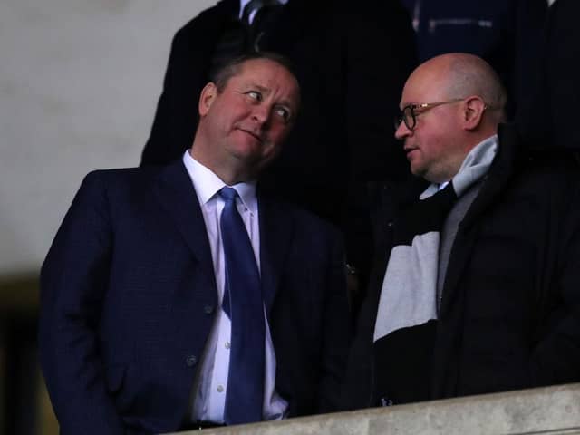 OXFORD, ENGLAND - FEBRUARY 04: Mike Ashley owner of Newcastle United talks to managing Directory Lee Charnley ahead of the FA Cup Fourth Round Replay match between Oxford United and Newcastle United at Kassam Stadium on February 04, 2020 in Oxford, England. (Photo by Catherine Ivill/Getty Images)
