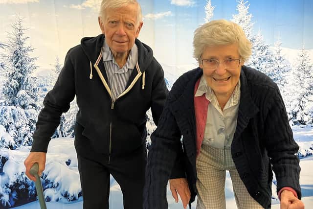 Residents Dennis Easy aged 88 and Anne MacDonald aged 89 having a go at Nordic Walking.