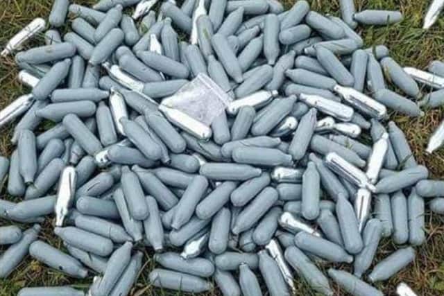 A photo shared via Councillor Steven Franklin following the discovery of nitrous oxide canisters found on St Bede's field in Peterlee last week.