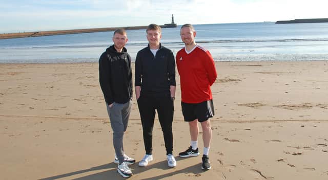From left: Matthew Cook, Tom Harvey and John Longford, seen here preparing for the sands of the Sahara on the sands of Roker.