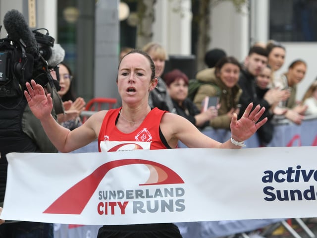 First women to cross the finish line Charlotte Penfold, in the Sunderland City Runs 2023 10k race
