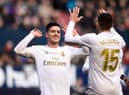 PAMPLONA, SPAIN - FEBRUARY 09: Luka Jovic of Real Madrid celebrates with Federico Valverde after scoring his team's fourth goal during the La Liga match between CA Osasuna and Real Madrid CF at El Sadar Stadium on February 09, 2020 in Pamplona, Spain. (Photo by Juan Manuel Serrano Arce/Getty Images)