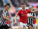 NEWCASTLE UPON TYNE, ENGLAND - APRIL 02: Manchester United player Scott McTominay in action during the Premier League match between Newcastle United and Manchester United at St. James Park on April 02, 2023 in Newcastle upon Tyne, England. (Photo by Stu Forster/Getty Images)