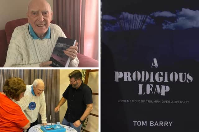 Tom Barry on his 100th birthday with his newly published book.