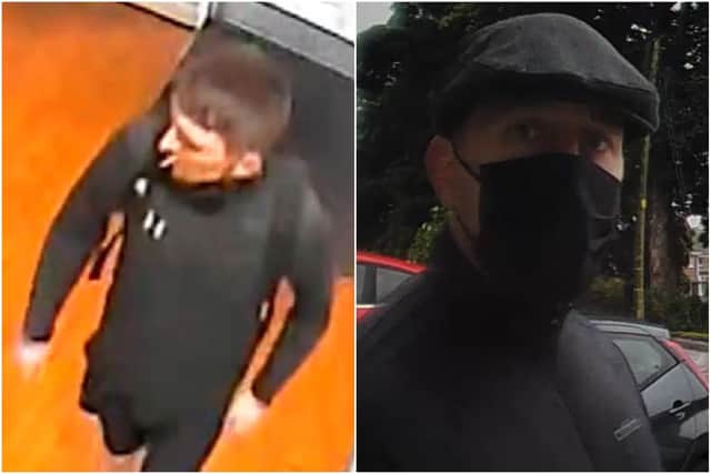 (Left) Police want to speak to the man in connection with a burglary at the Echo 24 Building, Sunderland. Please mention crime number 076955G/21. 
(Right) Police want to speka to the man in connection with an attempted burglary at an address on Baldersdale Garden, Sunderland. Please mention crime number 73373W/21.