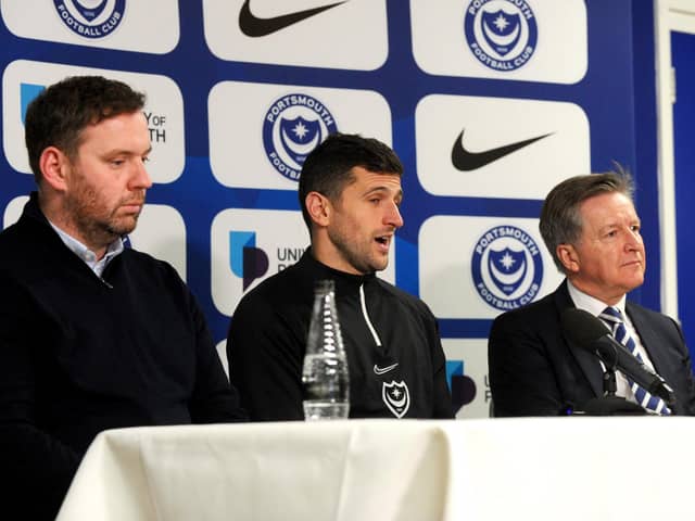 From left: sporting director Rich Hughes, Blues head coach John Mousinho and chief executive Andy Cullen (Picture: Sarah Standing (200123-4767)