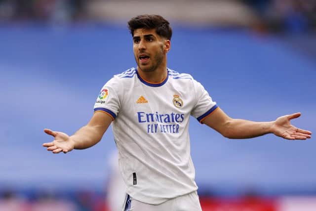 Marco Asensio of Real Madrid reacts during the LaLiga Santander match between Real Madrid CF and RCD Espanyol at Estadio Santiago Bernabeu on April 30, 2022 in Madrid, Spain. (Photo by Gonzalo Arroyo Moreno/Getty Images)