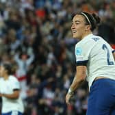 Lucy Bronze scores her England's opening goal during the UEFA Womens Nations League match between England and Scotland at Stadium of Light on September 22, 2023 in Sunderland, England. (Photo by Ian MacNicol/Getty Images)