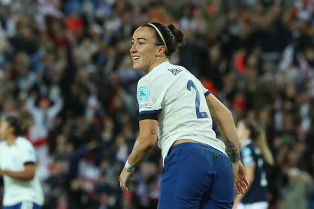 Lucy Bronze scores her England's opening goal during the UEFA Womens Nations League match between England and Scotland at Stadium of Light on September 22, 2023 in Sunderland, England. (Photo by Ian MacNicol/Getty Images)