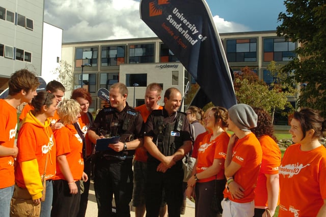 PC Shane Jenness (left) and CSO Mick Casey talking to Sunderland university students about keeping safe in the city. Remember this from 12 years ago?
