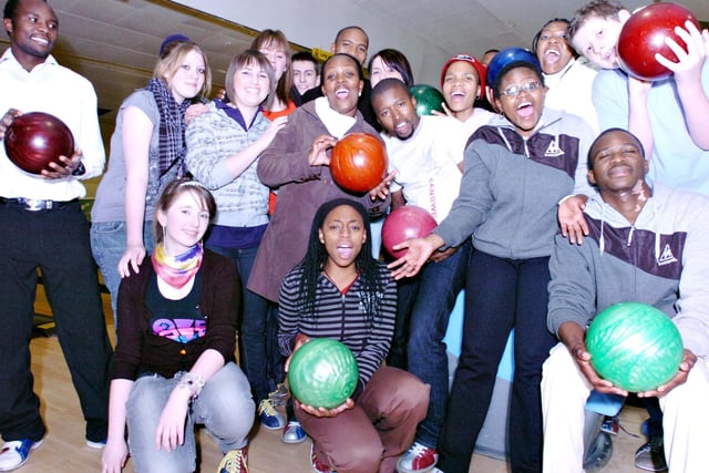 Students from the Venerable Bede School with friends from Lesotho. The children socialised over a game of ten pin bowling and the Venerable Bede students were due to go to Lesotho in 2008.