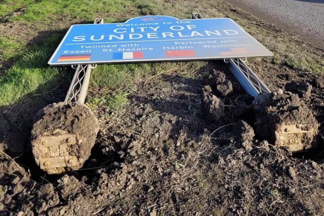 High winds caused by Storm Malik uproot road sign welcoming drivers to Sunderland