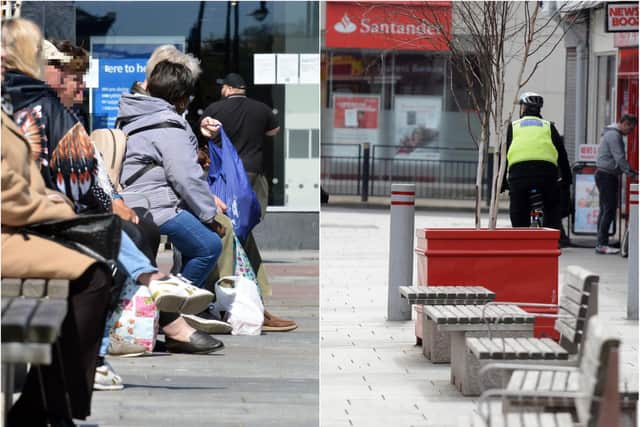 Sunderland City Centre appeared busier on May 5 (pictured left) than it had been on March 24 (pictured right) the day after lockdown measures were first announced.