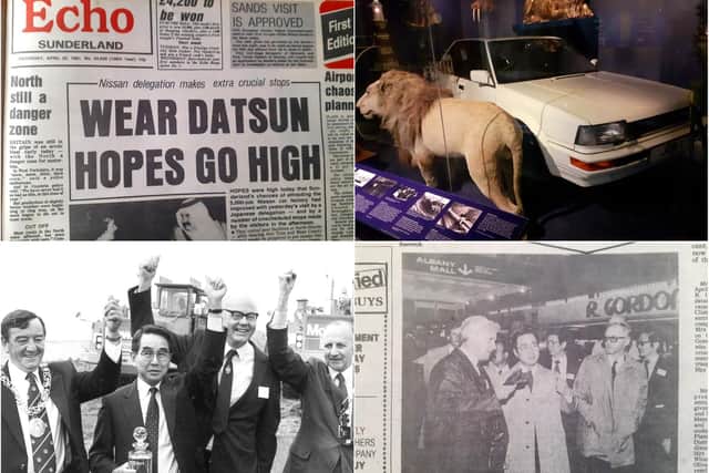 Clockwise from top left, the Echo's headline of April 25, 1982, the first car made at the Nissan plant in Sunderland Museum, the Nissan delegation visits the Galleries in 1981 and the ceremonial digging when work began in July 1984.