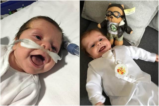 Isaac in hospital (left) and with his GNAAS teddy
