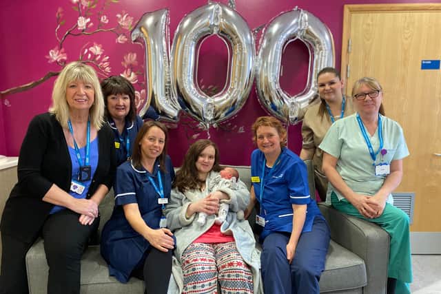 Renesmae Jane Bain-Carr, the 100th baby born at South Tyneside District Hospital’s Midwifery-Led Birthing Centre with mum Shannon Bain and members of the maternity team.