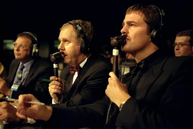 Ian Darke and Glen McCrory, the Sky TV commentators in action during the super middleweight fight between Joe Calzaghe and Rick Thornberry held in Cardiff in 1999.