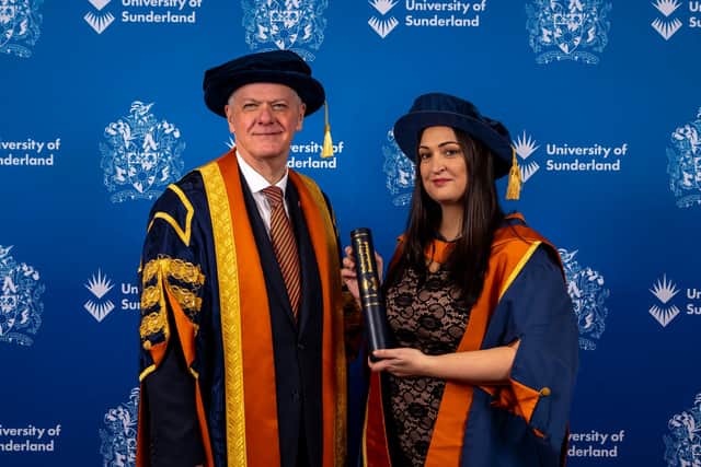 Gemma Lowery is pictured with the Sir David Bell DL, Vice-Chancellor of the University of Sunderland. Picture: David Wood.