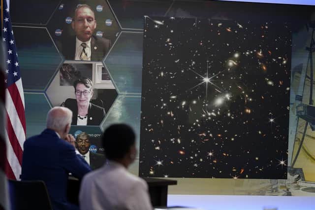 President Joe Biden listens during a briefing from NASA officials about the first images from the Webb Space Telescope, the highest-resolution images of the infrared universe ever captured (AP Photo/Evan Vucci).
