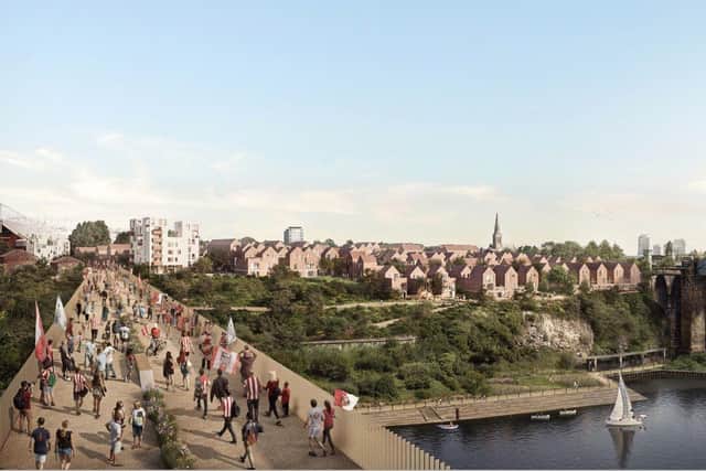 Artist impression of high-level pedestrian and cycle bridge over River Wear