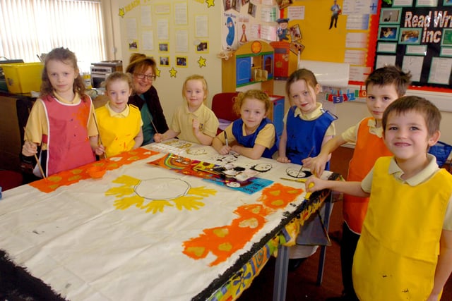 Artist Gill Rogers worked with students at St Annes RC Primary School on murals as part of the schools 50th birthday celebrations in 2013.