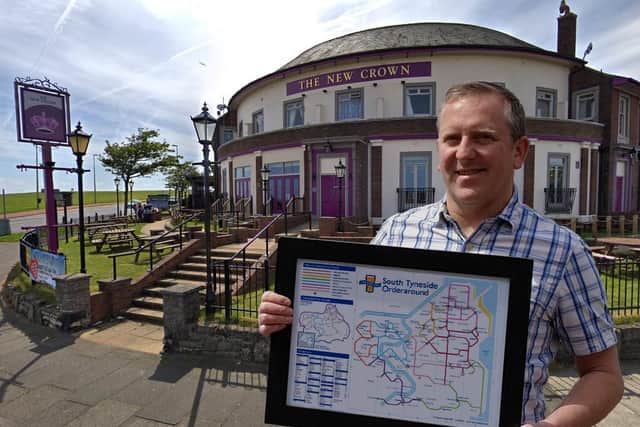 Artist Steve Lovell with his earlier South Tyneside pub map in a photoshopped image outside the New Crown, in South Shields.