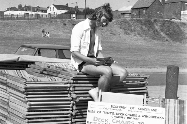 Sunderland Borough deck chair seller Geoff Bailey waits for business at Roker beach.