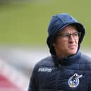 NORTHAMPTON, ENGLAND - APRIL 10:  Bristol Rovers manager Joey Barton looks on prior to the Sky Bet League One match between Northampton Town and Bristol Rovers at PTS Academy Stadium on April 10, 2021 in Northampton, England. (Photo by Pete Norton/Getty Images)