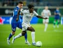 Djurgardens' Swedish forward Joel Asoro (R) fights for the ball with Gent's Belgian defender Alessio Castro-Montes during the UEFA Europa Conference League group F football match between Gent and Djurgardens at KAA Gent Stadium in Gent.