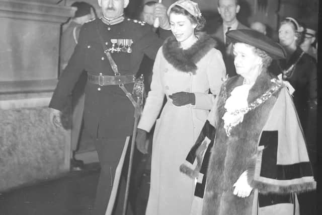 Queen Elizabeth II outside Sunderland Town Hall with civic dignitaries in 1954.
