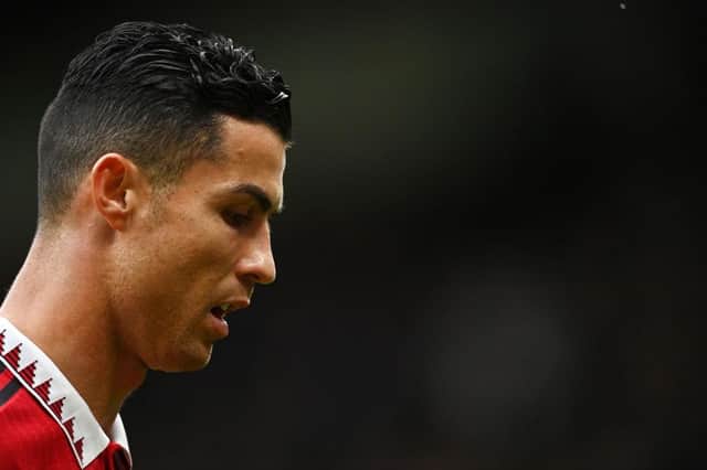 Cristiano Ronaldo of Manchester United walks off at half time during the Premier League match between Manchester United and Newcastle United at Old Trafford on October 16, 2022 in Manchester, England. (Photo by Dan Mullan/Getty Images)